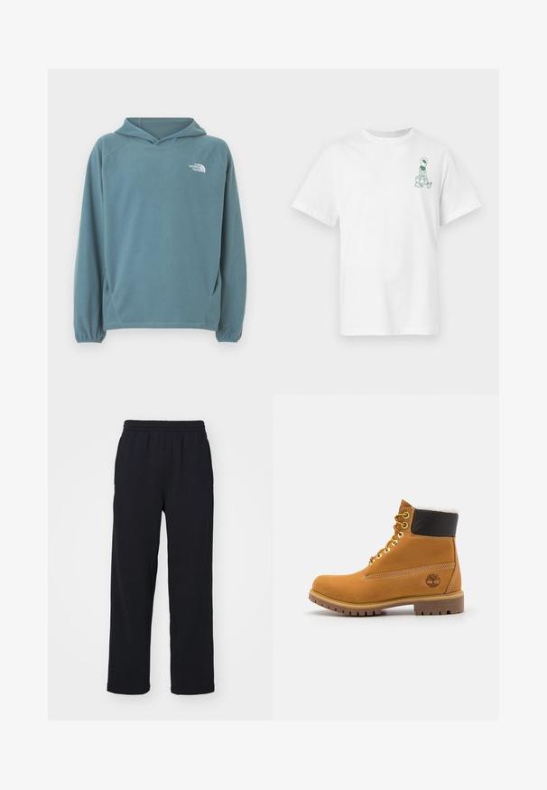 Blå fleecetrøje med kængurulomme, snøre i hætten og elastiske manchetter. Har hvidt logo på brystet. Glat tekstur.; Hvid T-shirt med korte ærmer og lille grøn rumvæsen-grafik, der bærer tasker, på venstre brystområde.; Sorte sweatpants med elastisk talje, lige ben og stikninger. Fremstillet af blødt, tekstureret stof.; Brune læder ankelstøvle med metaløjer, hvid pelsforing, sort polstret krave, robust sål og præget logo på siden.