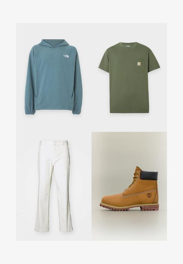 Sweat à capuche en polaire bleu avec une poche kangourou, une capuche avec cordon de serrage et des poignets élastiqués. Logo blanc sur la poitrine. Texture lisse.; T-shirt en coton vert olive avec un col rond, des manches courtes et une poche poitrine ornée d'un patch logo. Design épuré et minimal.; Pantalons en coton blanc avec une coupe droite, dotés d'une taille et de poches standard. Le tissu semble lisse et légèrement texturé.; Bottine en cuir marron avec col noir, lacets jaunes et semelle beige. Présente un logo et des détails de couture blanche. Semelle extérieure à traction robuste.