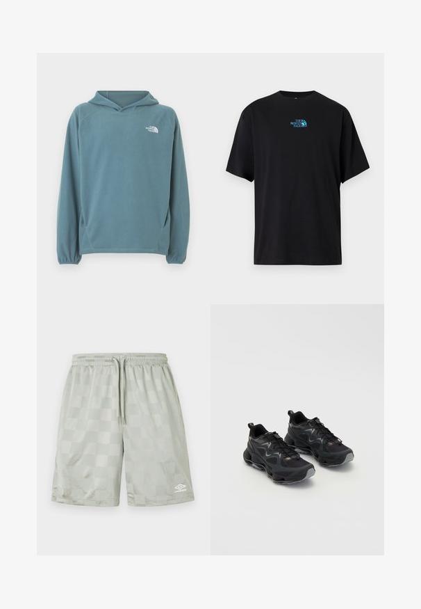 Blauwe fleece hoodie met een kangoeroezak, capuchon met trekkoord en elastische manchetten. Voorzien van een wit logo op de borst. Soepele textuur.; Zwart katoenen T-shirt met een ronde hals en korte mouwen, voorzien van een turquoise logo van "The North Face" op de borst.; Umbro FOOTBALL SHORT - Trainingsbroek - harbor mist; Zwarte sportschoenen met een gestructureerde mesh bovenkant, voorzien van een chunky zool, vetersluiting en subtiele grijze accenten.