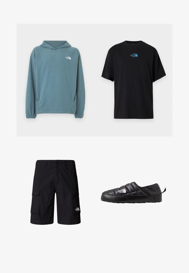 Blå fleecetrøje med kængurulomme, snøre i hætten og elastiske manchetter. Har hvidt logo på brystet. Glat tekstur.; Sort bomuld T-shirt med rund halsudskæring og korte ærmer, med en turkis logo af "The North Face" på brystet.; Sorte cargo shorts lavet af letvægtsstof, med to sidelommer, to cargo-lommer og et mærke-logo på det nederste højre ben.; Sort slip-on sko med et quiltet design, lavet af polstret materiale. Har en struktureret gummisål og et lille trækstrop bagpå.