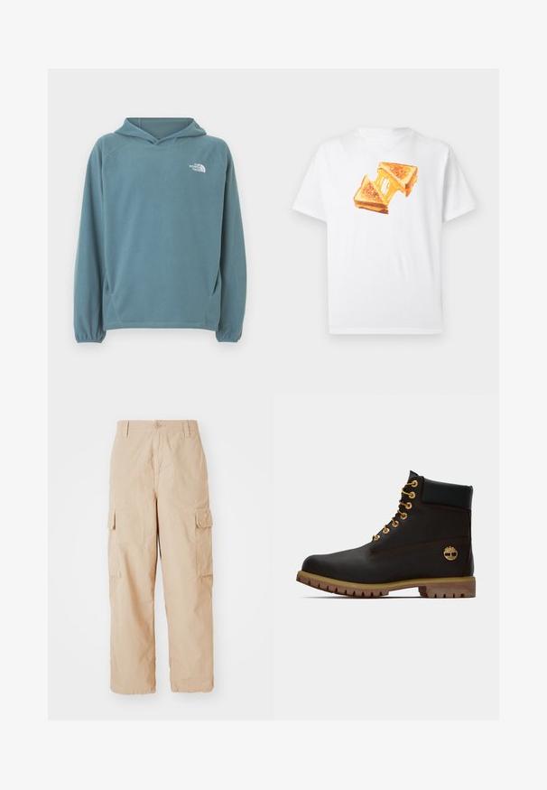 Blå fleecetrøje med kængurulomme, snøre i hætten og elastiske manchetter. Har hvidt logo på brystet. Glat tekstur.; Hvid bomulds-T-shirt med en illustration af to grillede ostesandwiches, der viser smeltet ost og gyldne brune skorper.; Beige cargo bukser med afslappet pasform, lavet af letvægtsstof, med to sidelommer og en knaplukning i taljen.; Sorte læder ankelstøvle med gyldne øjer, brune detaljer og gummisål. Har en polstret krave og præget logo på siden.