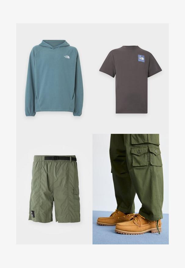 Sudadera azul de forro polar con bolsillo tipo canguro, capucha con cordón y puños elásticos. Presenta un logo blanco en el pecho. Textura suave.; Camiseta de manga corta color gris oscuro con un pequeño logo de The North Face en azul y blanco en la parte superior izquierda del pecho.; Pantalones cortos cargo de color verde oliva con cintura elástica y hebilla negra. Incluyen un bolsillo lateral y un tejido texturizado.; Timberland AUTHENTIC 3 EYE - Náuticos - wheat