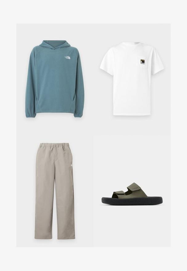 Blå fleecetrøje med kængurulomme, snøre i hætten og elastiske manchetter. Har hvidt logo på brystet. Glat tekstur.; Hvid bomulds T-shirt med korte ærmer og en brystlomme med et bjerglogo i sort og guld. Enkel, udekoreret design.; Beige bukser med lige ben, elastisk talje og en lille hvid logo på højre sidesøm.; Grønne gummisandaler med to justerbare remme og en tekstureret sort sål med et dækmønster. Brandlogo synligt på remmen.