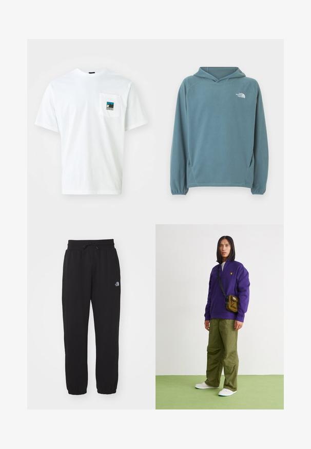 Sudadera azul de forro polar con bolsillo tipo canguro, capucha con cordón y puños elásticos. Presenta un logo blanco en el pecho. Textura suave.; Camiseta de algodón blanca de manga corta, que presenta un bolsillo en el pecho con un gráfico a color de montañas y el texto "THE NORTH FACE."; Pantalones de chándal negros de tela suave, con cinturilla elástica y cordón, tobillos ajustados y un pequeño logo en el muslo superior.; Jordan AIR JORDAN 1 ZM CMFT 2 - Zapatillas altas - summit white/bicoastal/oxidized green