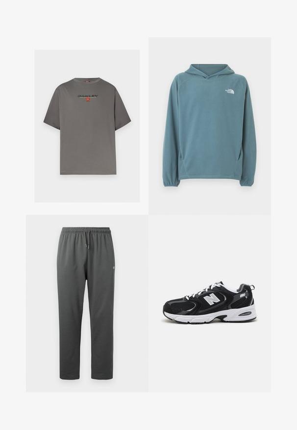 Sweat à capuche en polaire bleu avec une poche kangourou, une capuche avec cordon de serrage et des poignets élastiqués. Logo blanc sur la poitrine. Texture lisse.; T-shirt gris à manches courtes avec le logo "OAKLEY" et un petit graphisme rouge centré sur la poitrine, présenté sur un fond blanc uni.; Pantalon de survêtement en polaire gris foncé avec taille élastique et cordon de serrage, avec un petit logo sur la cuisse droite.; Baskets de sport noires et grises avec un tige en mesh et en suède, présentant une semelle intermédiaire blanche, des lacets et un logo "N" audacieux sur le côté.