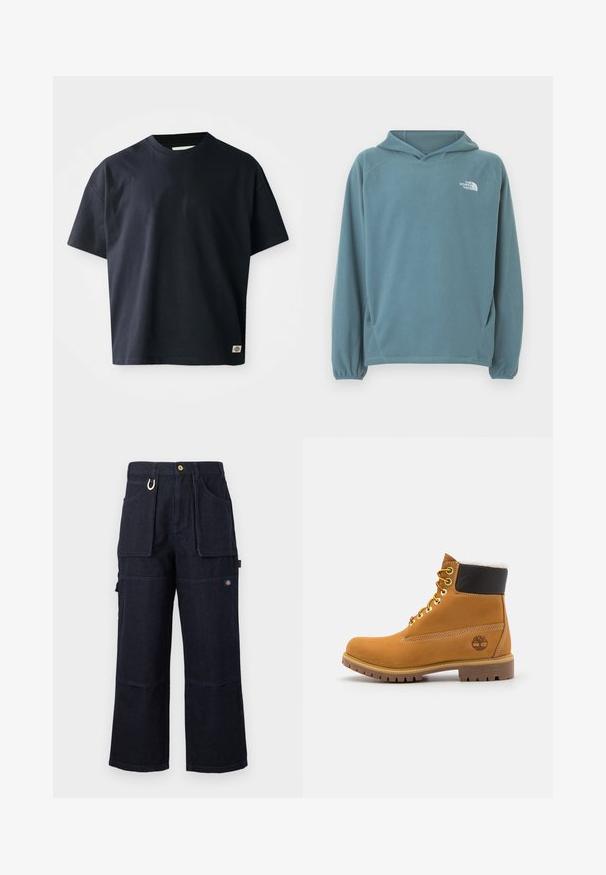 Sudadera azul de forro polar con bolsillo tipo canguro, capucha con cordón y puños elásticos. Presenta un logo blanco en el pecho. Textura suave.; Camiseta de cuello redondo de manga corta en azul marino con un pequeño logo rectangular de la marca cerca del borde inferior en el lado derecho del frente.; Pantalones de trabajo de mezclilla azul oscuro de pierna ancha con grandes bolsillos delanteros y laterales, cierre de botones y pequeño parche con logo en el muslo.; Botín de cuero marrón con ojales de metal, forro de piel sintética blanca, cuello acolchado negro, suela resistente y logotipo en relieve en el costado.