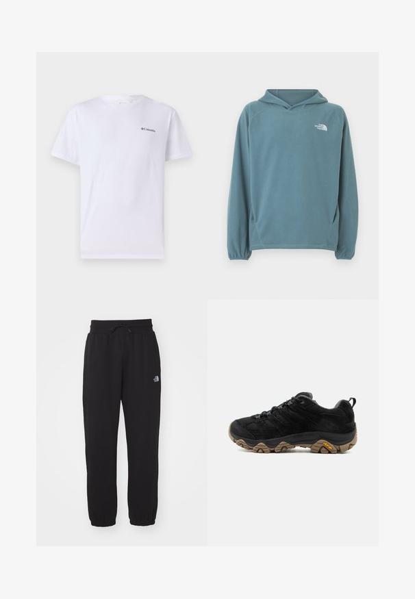 Blauer Fleece-Hoodie mit Kängurutasche, Kapuze mit Kordelzug und elastischen Bündchen. Auf der Brust befindet sich ein weißes Logo. Glatte Oberfläche.; Weißes Baumwoll-T-Shirt mit kurzen Ärmeln, versehen mit einem kleinen schwarzen Columbia-Logo auf der linken Brustseite. Klassischer Rundhalsausschnitt.; Schwarze Jogginghose aus weichem Stoff, mit einem elastischen Bund und Kordelzug, Bündchen an den Knöcheln und einem kleinen Logo am Oberschenkel.; Schwarzer Wanderschuh mit robuster brauner Vibram-Sohle, Mesh- und Wildleder-Obermaterial, Schnürdesign und hinterer Zuglasche, von der Außenseite gezeigt.