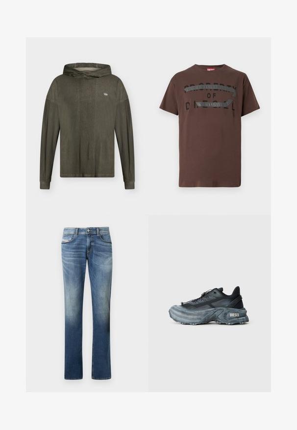 Long-sleeve olive green hoodie with ribbed texture, small oval logo on the chest, and a relaxed hooded neckline.; Brown cotton t-shirt featuring a black graphic text "PROPERTY OF D" with a textured gray accent across the chest. Short sleeves, relaxed fit.; Blue denim jeans with a faded finish, straight-leg design, five-pocket style, and subtle stitching details. Classic button closure.; Black and gray Diesel sneaker with thick sole, lace toggle, and textured design on a plain light gray background.