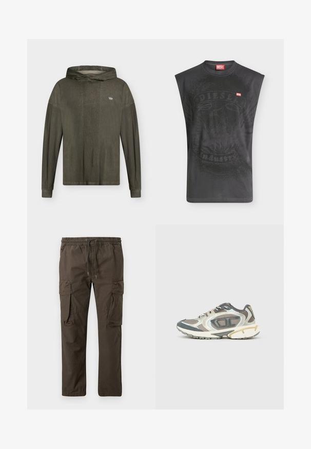 Sweat à capuche vert olive à manches longues avec texture côtelée, petit logo ovale sur la poitrine et encolure à capuche décontractée.; T-shirt noir sans manches Diesel avec un graphisme subtil d'aigle et un petit patch logo Diesel rouge sur la poitrine.; Pantalon cargo marron avec ceinture élastique et cordon de serrage, doté de poches à rabat sur les deux cuisses et d'une coupe droite des jambes.; Chaussures de sport en matériaux gris, blanc et beige, dotées d'une tige en mesh, d'une semelle épaisse et d'accents texturés. Détails réfléchissants sur les côtés.