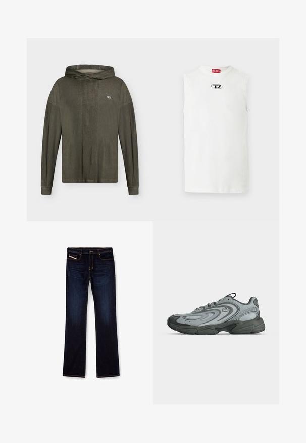 Langärmeliger olivgrüner Hoodie mit gerippter Textur, kleinem ovalem Logo auf der Brust und einem lockeren Kapuzenhalsausschnitt.; Weißes ärmelloses T-Shirt aus Baumwolle mit rundem Halsausschnitt und einem in Schwarz und Blau gestickten Logo auf der Brust.; Dunkelblaue Jeans aus Denim mit geradem Bein, ausgestattet mit orangefarbenen Nähten, einem Reißverschluss und Vordertaschen. Glatte Textur und Standardbund.; Grau-schwarzer Sportschuh mit Schnürung vorne, strukturierter Sohle und Markenlogo an der Seite, gezeigt im linken Profil auf weißem Hintergrund.
