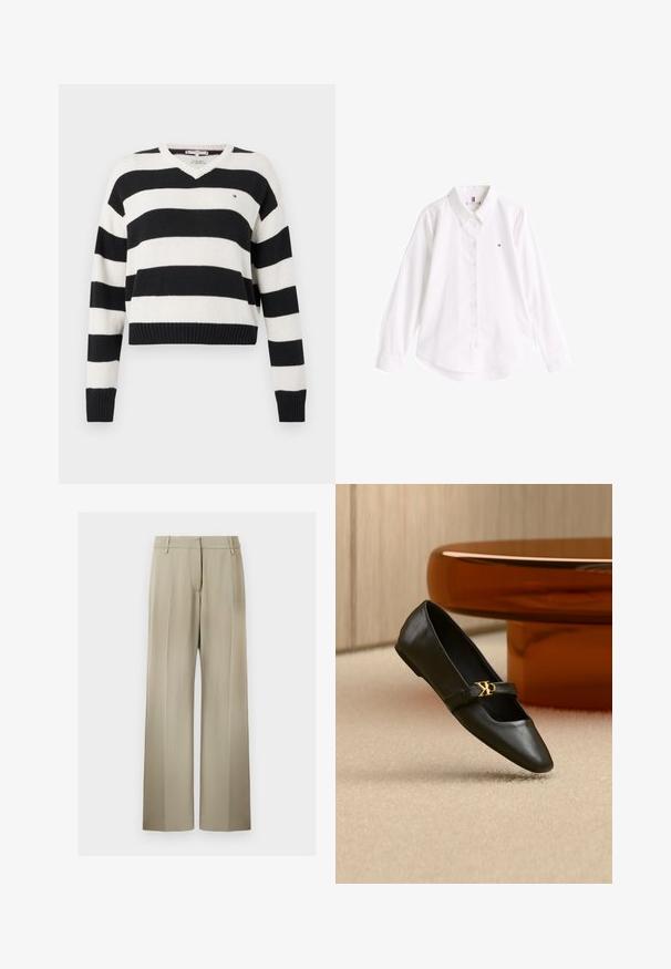 Pull en maille rayé noir et blanc avec col en V, manches longues et ourlet côtelé. Présente un petit logo sur la poitrine.; Chemise blanche en coton avec un col classique, des manches longues et un ourlet incurvé. Présente un petit logo coloré sur la poitrine.; Pantalons à jambes larges en tissu beige doux, avec un devant plat, des passants de ceinture et une texture lisse. Taille standard sans motifs visibles.; Chaussure plate en cuir noir avec bout pointu et logo CK doré sur la bride, posée sur un tapis beige près d'une table ronde couleur ambre brun.