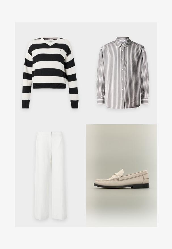 Pull en maille rayé noir et blanc avec col en V, manches longues et ourlet côtelé. Présente un petit logo sur la poitrine.; Chemise à rayures gris et blanc. Elle possède un col, des manches longues et une poche poitrine. Fabriquée en tissu léger.; Pantalons blancs à jambes larges avec une texture lisse, présentant un devant plat et des plis marqués. Fabriqués en tissu léger, sans motifs visibles.; Mocassin pour homme en cuir beige avec semelle noire et détail de sangle décorative sur fond gris clair.