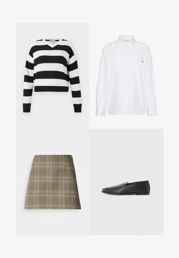 Zwart-wit gestreepte gebreide trui met een V-hals, lange mouwen en een geribde zoom. Heeft een klein logo op de borst.; Wit overhemd met lange mouwen, knopen, een puntige kraag en een klein Calvin Klein-logo op het linker borstzakje.; Geruite mini-rok in olijfgroen en beige, met een rechte snit, een subtiele textuur en een klein logo-accent bij de tailleband.; Zwarte leren loafers met een gladde textuur, een afgeronde neus en subtiele stiksel details. Voorzien van een gouden logomerk aan de bovenzijde.
