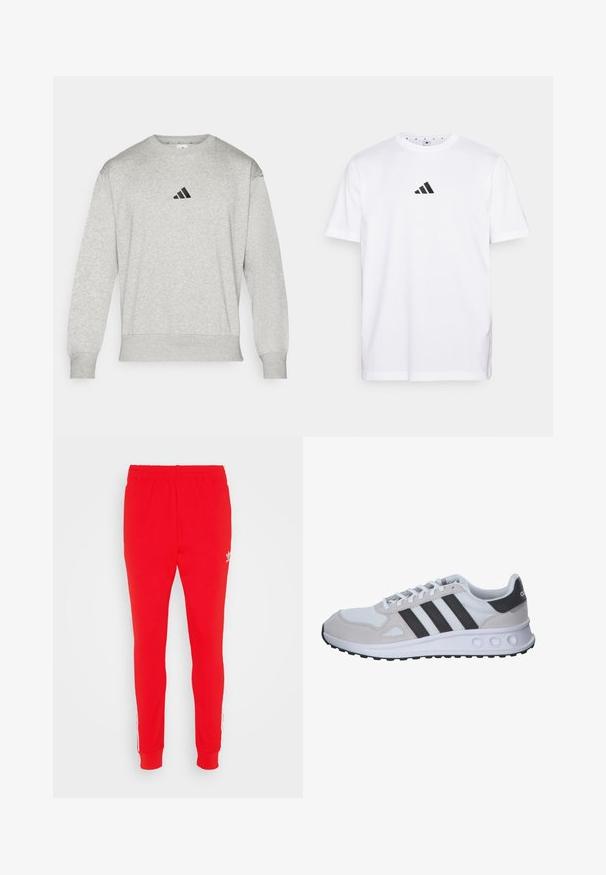 Šedá mikina vyrobená zo zmiešaného bavlneného materiálu, s rebrovanými manžetami a spodným lemom, s malým čiernym logom Adidas na hrudi. Klasický dizajn s okrúhlym výstrihom.; Biela bavlnená tričko s malým čiernym trojuholníkovým logom na hrudi, krátkymi rukávmi a okrúhlym výstrihom. Jednoduchý a klasický dizajn.; Červené športové nohavice vyrobené z mäkkej textílie, so štíhlym strihom, elastickým pásom a bielymi bočnými pruhmi s detailom loga pri boku.; Sivé a biele športové tenisky s priedušným vrchom, zamšovými akcentmi, tromi čiernymi pásmi a textúrovanou gumovou podrážkou s kruhovými výrezmi.