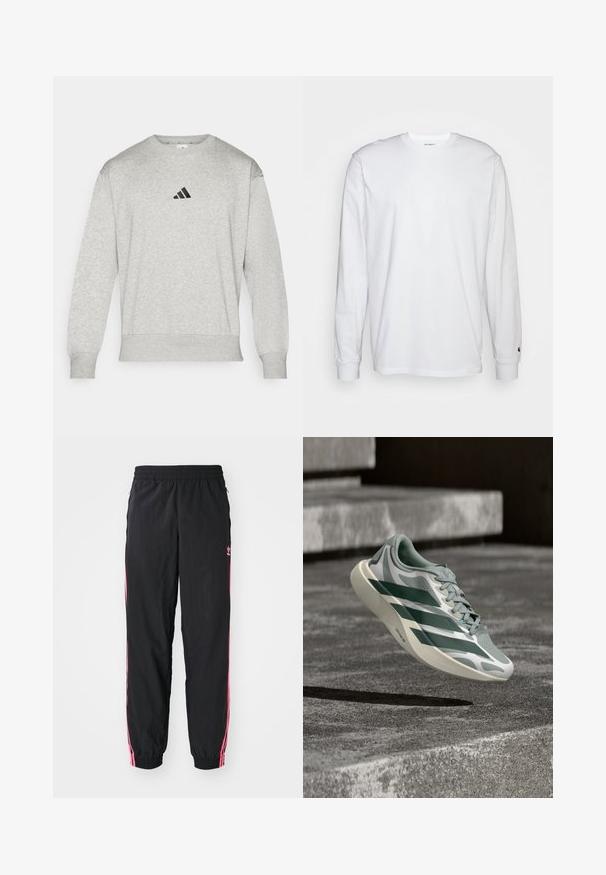 Huppari, joka on valmistettu puuvillasekoitekankaasta, jossa on ribbireunat hihansuissa ja helmassa, sekä pieni musta Adidas-logo rinnassa. Klassinen pyöreä kaula-aukkosuunnittelu.; Valkoinen pitkähihainen t-paita, joka on valmistettu puuvillasta. Pyöreä kaula-aukko, jossa on resorikujat ja pieni logo vasemmassa hihassa. Tasainen pinta.; Mustat tuulipuvun housut, joissa on vaaleanpunaiset sivu raidat, joustava vyötärö ja hihansuut. Oikealla lahkeessa on hillitty brändäys. Sujuva materiaali.; Vaaleanharmaa ja valkoinen urheilukenkä, jossa on tummanvihreät raidat, leijuu betoniporrasten yläpuolella ja heittää varjon.