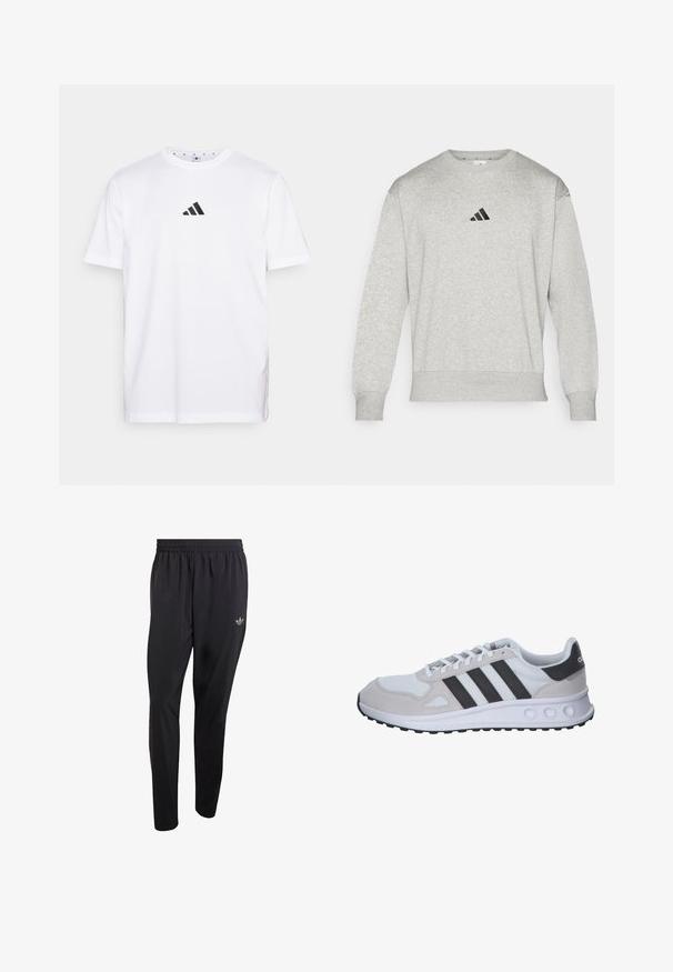 Grauer Pullover aus Baumwollmischgewebe, mit gerippten Bündchen und Saum, sowie einem kleinen schwarzen Adidas-Logo auf der Brust. Klassisches Rundhalsdesign.; Weißes Baumwoll-T-Shirt mit einem kleinen schwarzen dreieckigen Logo auf der Brust, kurzen Ärmeln und rundem Ausschnitt. Einfaches und klassisches Design.; Schwarze Sporthose aus leichtem Material mit elastischem Bund und einem kleinen eingeprägten Logo im oberen linken Beinbereich.; Graues und weißes Sportschuh-Modell mit einem Mesh-Obermaterial, Wildlederakzenten, drei schwarzen Streifen und einer strukturierten Gummisohle mit runden Aussparungen.