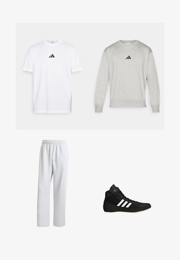 Grijze sweatshirt van een katoenmix, met ribbels aan de manchetten en onderkant, en een klein zwart Adidas-logo op de borst. Klassiek ontwerp met ronde hals.; Witte katoenen T-shirt met een klein zwart driehoekig logo op de borst, korte mouwen en een ronde halslijn. Eenvoudig en klassiek ontwerp.; adidas Originals PREMIUM ESSENTIALS OPEN HEM - Trainingsbroek - light grey heather; Zwarte hoge sport sneaker met meshpanelen, witte gestreepte accenten, verstevigde hiel en een rubberen zool. Ontworpen voor prestaties en ondersteuning.