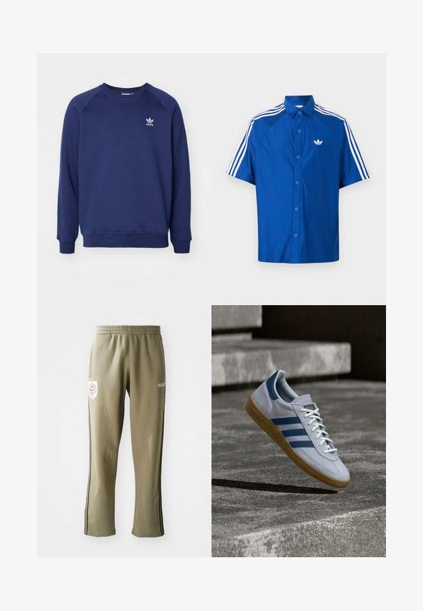 Sudadera de color azul marino hecha de tela suave, con cuello redondo, mangas raglán y un pequeño logo blanco de adidas en el pecho.; Camisa azul de manga corta con botones, con el logo blanco de Adidas en el pecho y tres franjas blancas que recorren los hombros y las mangas.; Pantalones deportivos de color verde oliva con cintura elástica, bolsillos laterales, rayas negras a los lados y un parche de logo en el muslo.; Zapatilla Adidas Spezial azul claro con rayas azul marino y suela de goma, mostrada en el aire sobre escalones de hormigón en un entorno exterior neutral.