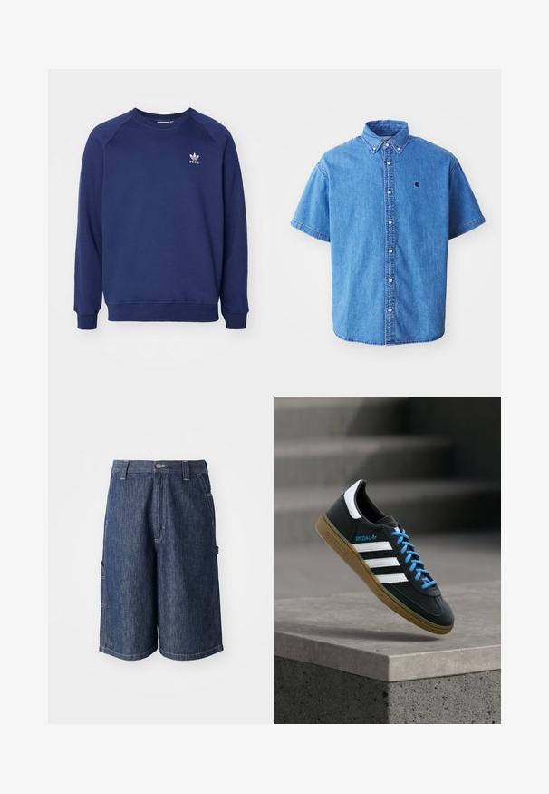 Tumesinine dressipluus pehmest kangast, millel on ümmargune kaelus, raglanvarrukad ja väike valge adidas logo rinnal.; Helesinise denimist särk helesinises värvitoonis, millel on nööpidega kaelus, rinna peal logo ja silmatorkavad õmblusdetailid.; Tumed sinine denim lühikesed püksid sirge lõikega, viie taskuga ja nähtava õmblusega. Omab nuppe sulgemiseks ja vöölõikeid.; Must Adidas toss valgete triibu, siniste paelte ja kummist tallaga, hõljuv pehme valgusega halli betoonastme kohal.