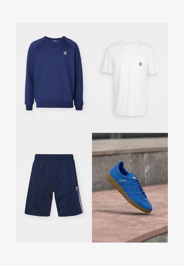 Marineblauwe sweatshirt gemaakt van zacht materiaal, met een ronde hals, raglanmouwen en een klein wit adidas-logo op de borst.; Witte katoenen t-shirt met korte mouwen, een borstzak en een klein vierkant logo-opdruk in oranje en wit op de zak.; Marineblauwe sportshorts van een lichte stof, met een elastische tailleband en drie witte strepen aan de zijkanten. Adidas-logo zichtbaar.; Blauwe Adidas Spezial sneaker met rubberen zool, veters geknoopt, hangend boven een glad stenen oppervlak nabij een grijze betonnen muur.
