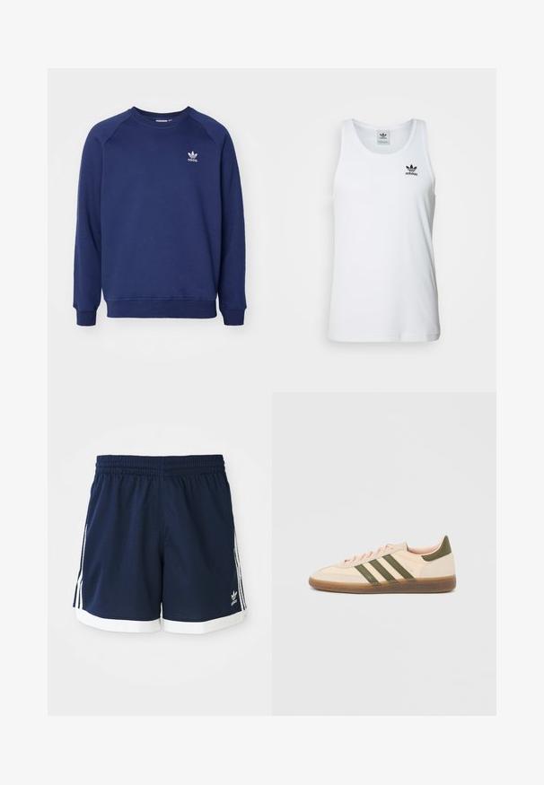 Dunkelblauer Sweatshirt aus weichem Stoff, mit Rundhalsausschnitt, Raglanärmel und kleinem weißen adidas-Logo auf der Brust.; Weißes geripptes Tanktop mit Rundhalsausschnitt, schwarzem Adidas-Logo auf der linken Brust und ohne Ärmel. Weiches Baumwollmaterial, lässige Passform.; Marineblaue Adidas Sportshorts mit weißem Saum und drei weißen Streifen an jeder Seite, elastischem Bund.; Flacher, beigefarbener Adidas Spezial Sneaker mit grünen Streifen, Gummisohle und "SPEZIAL" Schriftzug an der Seite, von der Außenseite gezeigt.