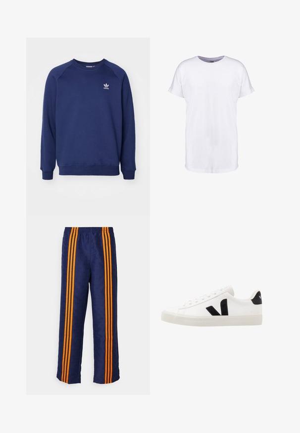 Tmavomodrá mikina vyrobená z mäkkého materiálu, s klasickým okrúhlym výstrihom, raglánovými rukávmi a malým bielym logom adidas na hrudi.; Jednoduché biele tričko s krátkym rukávom, s vyhrnutými lemami rukávov a okrúhlym výstrihom, zobrazené na bielom pozadí.; Námornícke modré nohavice s celoplošnou vzorovanou textúrou a tromi výraznými oranžovými pruhmi na každej strane. Elastická pásová časť v hornej časti.; Biele kožené tenisky s čiernymi semišovými akcentmi; majú gumovú podrážku, okrúly špičku a klasický šnurovací dizajn. Na boku logo v čiernej farbe.