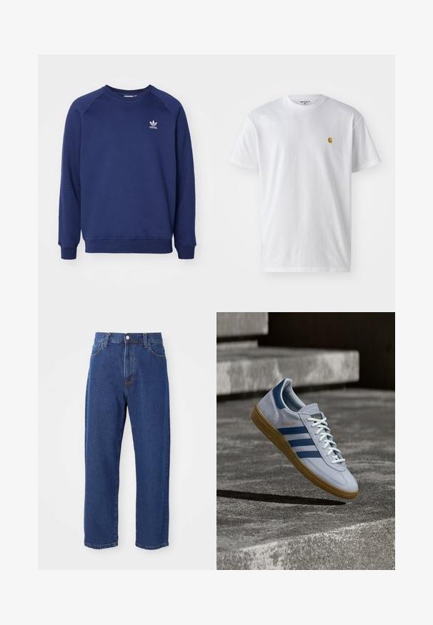 Marineblå sweatshirt lavet af blødt stof, med rund halsudskæring, raglanærmer og et lille hvidt adidas-logo på brystet.; Hvid bomulds t-shirt med korte ærmer, rund hals og et lille guld logo på venstre brystområde. Blød tekstur og almindelig pasform.; Høj taljede blå jeans i denim, med lige ben silhuet, synlige stikninger og en frontknaplukning.; Lyseblå Adidas Spezial sneakers med marineblå striber og gummisål, vist i luften over betontrapper i et neutralt udendørsmiljø.