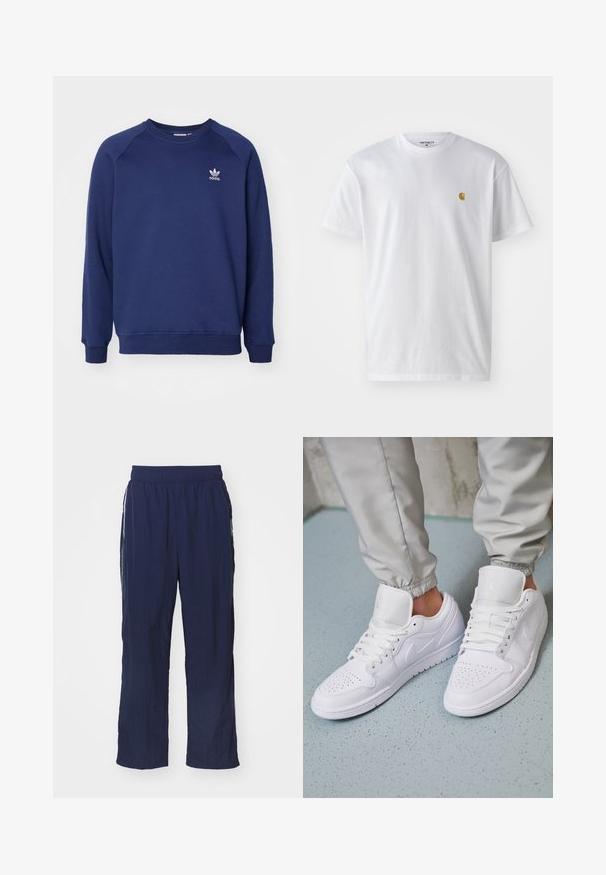 Tumesinine dressipluus pehmest kangast, millel on ümmargune kaelus, raglanvarrukad ja väike valge adidas logo rinnal.; Valge puuvillane t-särk lühikeste varrukatega, ümmargune kaelus, millel on väike kuldne logo vasakul rinnal. Pehme tekstuur ja regulaarne lõike.; Tumesinine kerged püksid elastse vöödiga, lõdva istuvuse ja küljetaskutega ning kontrastsete valgete triipudega külgedel.; Valged nahast tossud sisaldavad perforatsiooni varvaste osas, lame nöörid, pehmendatud kaelus ja Jordani logo keelega. Kanda hallide spordipükstega.
