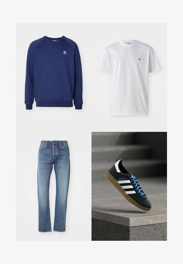 Tmavomodrá mikina vyrobená z mäkkého materiálu, s klasickým okrúhlym výstrihom, raglánovými rukávmi a malým bielym logom adidas na hrudi.; Biele bavlnené tričko s krátkymi rukávmi, okrúhlym výstrihom, s malým zlatým logom na ľavej strane hrude. Mäkká textúra a normálny strih.; Modré džínsy s rovnými nohavicami, stredne umývané, s piatimi vreckami a jemným vyblednutím. Obsahujú klasický pás a pútka na opasok.; Čierna teniska Adidas s bielymi pruhmi, modrými šnúrkami a gumovou podrážkou, ktorá sa vznáša nad sivým betónovým schodom v mäkkom svetle.