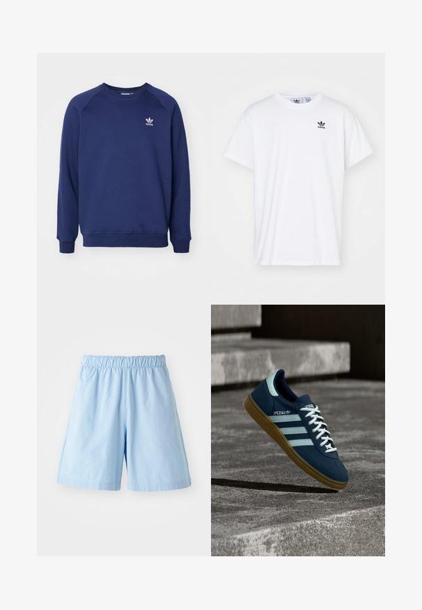 Tumesinine dressipluus pehmest kangast, millel on ümmargune kaelus, raglanvarrukad ja väike valge adidas logo rinnal.; Valge puuvillane T-särk lühikeste varrukatega, ümmargune kaelus ja must Adidas logo, kus on kolm triipu vasakul rinnal.; Heledad sinise värvi, elastse vöökohaga lühikesed püksid, mis on valmistatud tekstureeritud kangast. Omab külgtaskuid ja laia lõiget, sobilikud igapäevaseks kandmiseks.; Sinine Adidas Spezial tennisk, valgete triipude ja paeltega, kummist tallaga, hõljub kareda betoonpinna ja sammude kohal taustal.