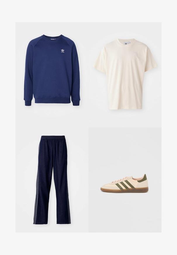 Tmavomodrá mikina vyrobená z mäkkého materiálu, s klasickým okrúhlym výstrihom, raglánovými rukávmi a malým bielym logom adidas na hrudi.; Krémové bavlnené tričko s okrúhlym výstrihom a krátkymi rukávmi; má malé, svetlého odtieňa logo na hrudi.; Námornícke modré športové nohavice s elastickým pásom, s tromi bielymi bočnými pruhmi a rovným strihom. Mäkká denimová textúra.; Nízky béžový tenisky Adidas Spezial so zelenými pruhmi, gumovou podrážkou a nápisom „SPEZIAL“ na boku, zobrazené z vonkajšej strany.
