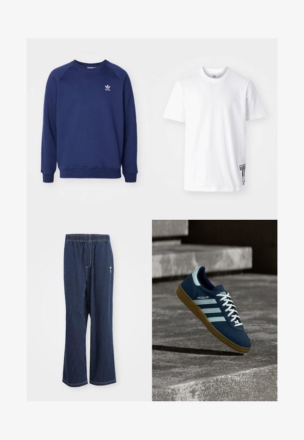 Marineblå sweatshirt lavet af blødt stof, med rund halsudskæring, raglanærmer og et lille hvidt adidas-logo på brystet.; Hvid bomulds-t-shirt med korte ærmer, rund halsudskæring og et sort Adidas-logo-patch på nedre venstre side. Glat struktur.; Navy stribede bukser med lyseblå lodrette striber, elastisk talje, bred benudskæring og et lille logo på siden. Stoffet har en glat tekstur.; Blå Adidas Spezial sneaker med hvide striber og snørebånd, gummisål, svævende over en ru betongoverflade og trin i baggrunden.