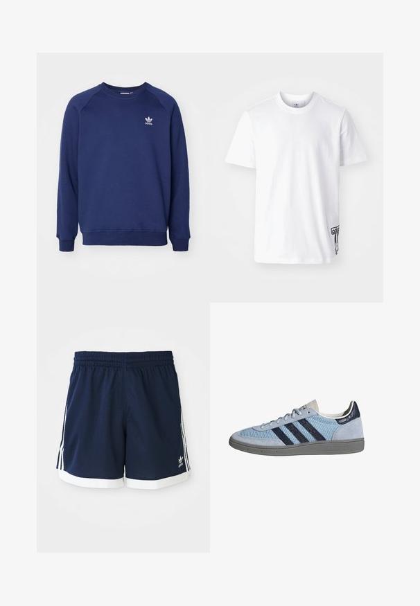 Dunkelblauer Sweatshirt aus weichem Stoff, mit Rundhalsausschnitt, Raglanärmel und kleinem weißen adidas-Logo auf der Brust.; Weißes Baumwoll-T-Shirt mit kurzen Ärmeln, Rundhalsausschnitt und einem schwarzen Adidas-Logo-Patch auf der unteren linken Seite. Glatte Textur.; Marineblaue Adidas Sportshorts mit weißem Saum und drei weißen Streifen an jeder Seite, elastischem Bund.; Hellblauer Adidas-Sneaker mit dunkelblauen Streifen, Wildleder an Zehen- und Fersenbereich, strukturierte Sohle und Schnürverschluss, Seitenansicht auf weißem Hintergrund.