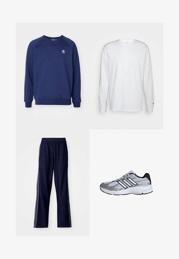 Tmavomodrá mikina vyrobená z mäkkého materiálu, s klasickým okrúhlym výstrihom, raglánovými rukávmi a malým bielym logom adidas na hrudi.; Biela dlhá bavlnená tričko s dlhým rukávom. Dizajn s okrúhlym výstrihom a rebrovanými manžetami, malá nášivka na ľavom rukáve. Hladká textura.; Námornícke modré športové nohavice s elastickým pásom, s tromi bielymi bočnými pruhmi a rovným strihom. Mäkká denimová textúra.; Mriežkovaná športová obuv v bielej a striebornej farbe, s čiernymi detailmi, logom troch bielych pruhov, polstrovaným golierom a textúrovanou gumovou podrážkou.