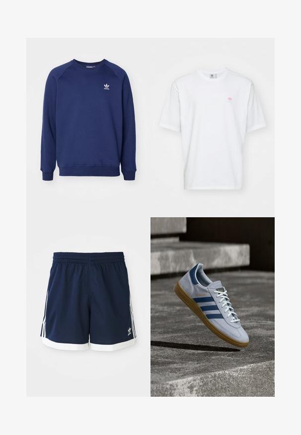 Sudadera de color azul marino hecha de tela suave, con cuello redondo, mangas raglán y un pequeño logo blanco de adidas en el pecho.; Camiseta de algodón blanca con cuello redondo y mangas cortas. Detalles notables incluyen un pequeño logo rosa y verde en el lado izquierdo del pecho.; Pantalones cortos deportivos de Adidas azul marino con ribete blanco y tres rayas blancas a cada lado, cinturilla elástica.; Zapatilla Adidas Spezial azul claro con rayas azul marino y suela de goma, mostrada en el aire sobre escalones de hormigón en un entorno exterior neutral.