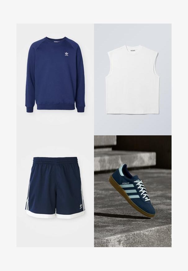 Tumesinine dressipluus pehmest kangast, millel on ümmargune kaelus, raglanvarrukad ja väike valge adidas logo rinnal.; Valge puuvillane, varrukateta, ümmarguse kaelusega särk, millel on struktureeritud õlad ja mis kannab kaelal sildil brändi "WEEKDAY", kujutatud heledal hallil taustal.; Tumesinised Adidas spordilühikesed püksid valge äärisega ning igal küljel kolm valget triipu, elastne vöökoht.; Sinine Adidas Spezial tennisk, valgete triipude ja paeltega, kummist tallaga, hõljub kareda betoonpinna ja sammude kohal taustal.