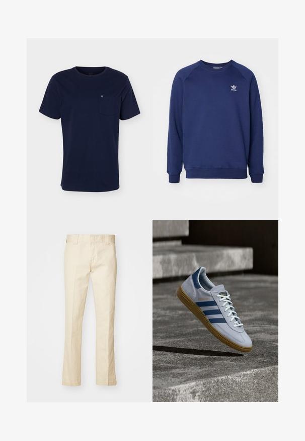 Dunkelblauer Sweatshirt aus weichem Stoff, mit Rundhalsausschnitt, Raglanärmel und kleinem weißen adidas-Logo auf der Brust.; Marineblaues T-Shirt mit kurzen Ärmeln und Rundhalsausschnitt mit einer Brusttasche, die ein kleines Logo auf einfarbigem Hintergrund zeigt.; Beige Baumwollhose mit geradem Schnitt, ausgestattet mit einem Reißverschluss, Gürtelschlaufen und Taschen. Glatte Textur mit minimalem Nähdetail.; Hellblauer Adidas Spezial Sneaker mit dunkelblauen Streifen und Gummisohle, in der Luft über Betontreppen in neutralem Außenbereich gezeigt.