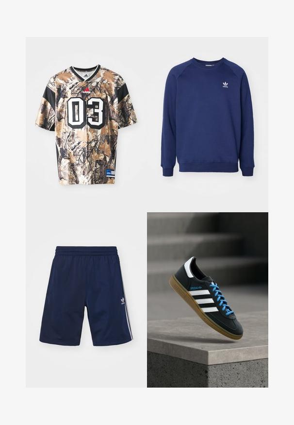 Tumesinine dressipluus pehmest kangast, millel on ümmargune kaelus, raglanvarrukad ja väike valge adidas logo rinnal.; Prindi kamuflaažimustriga lühikese varrukaga jersei, mis on beežist, pruunist ja mustast värvist, ümmarguse kaelusega, raske tekstuuriga ning suure trükitud numbriga "03."; Tumesinised sportpüksid, mis on valmistatud kergest kangast, elastse vöökoha ja kolme valge triibuga külgedel. Adidas logo näha.; Must Adidas toss valgete triibu, siniste paelte ja kummist tallaga, hõljuv pehme valgusega halli betoonastme kohal.