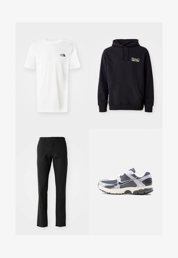 Zwarte hoodie van een katoenmix, met een voorzak, ribbelkanten manchetten en een geborduurd logo op de linkerborst.; Witte t-shirt met korte mouwen, gemaakt van katoen. Heeft een klein zwart logo op de linkerborst. Rechte zoom en ronde hals.; Zwarte broek van lichtgewicht stof, met een rechte broekspijpenontwerp, sluiting met knoop aan de voorkant en zijzakken. Glad textuur.; Grijze en witte herensneaker voor sport met meshpanelen, reflecterende zilveren overlays, witte veters en zwarte, gestructureerde zool, zijaanzicht.