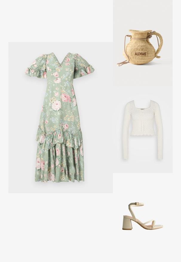 Pieces PCJUDY - Trui - birch; Floral maxi-jurk in zacht groen met een V-hals, pofmouwen, ruches en een gelaagde zoom. Bevat roze rozen en kleine blauwe bloemen.; Beige sandaal met open teen en enkelbandje, blokhak en twee dunne bandjes over de voet, zijaanzicht op witte achtergrond.; Ronde gevlochten strohandtas met een handvat van touw en "ALEMAIS" geborduurd aan de zijkant in bruine draad.