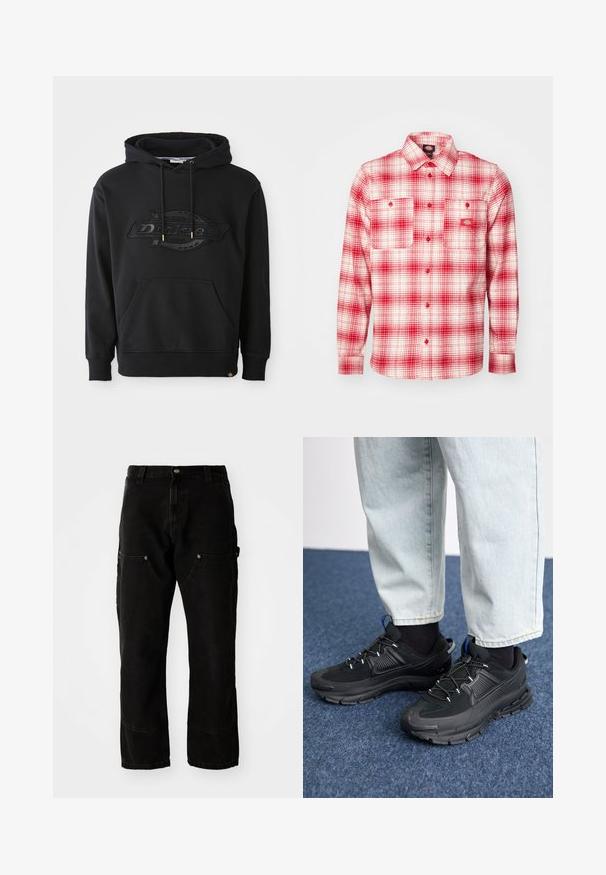 Schwarzer Kapuzenpullover aus Baumwollmischung, mit geprägtem Logo, verstellbaren Kordeln und Fronttasche. Gerippte Bündchen und Saum.; Rot und weiß kariertes Flanellhemd mit langen Ärmeln, Knopfleiste vorne, zwei Brusttaschen und einem Etikett auf der linken Seite. Weiche Textur.; Schwarze Denim Cargo-Hosen mit lockerer Passform, ausgestattet mit zwei Vordertaschen, Seitentaschen und sichtbaren Nähdetails.; Schwarze Sportschuhe aus strukturiertem Stoff mit Gummisohlen, ausgestattet mit elastischen Schnürsenkeln und einem blauen Akzent an der Ferse. Getragen mit hellen Jeans.