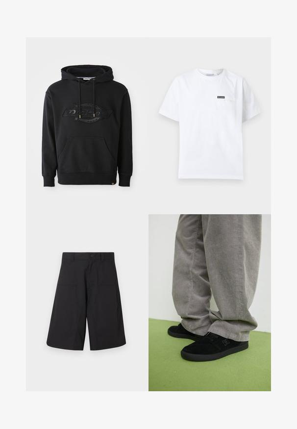 Sweatshirt à capuche noire en mélange de coton, avec un logo gaufré, des cordons de serrage réglables et une poche frontale. Cuffs et ourlet côtelés.; T-shirt blanc à manches courtes et col rond avec petite poche poitrine ornée d'un écusson logo Columbia noir.; Shorts cargo noirs en tissu léger, dotés d'une fermeture à bouton et de deux poches avant, avec un design épuré à coupe droite.; Chaussures de skating en suede noir avec une finition texturée et un logo, associées à un pantalon en velours côtelé gris présentant une texture côtelée. Surface de sol verte.