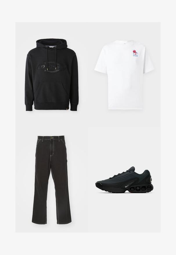 Schwarzer Kapuzenpullover aus Baumwollmischung, mit geprägtem Logo, verstellbaren Kordeln und Fronttasche. Gerippte Bündchen und Saum.; Weißes Baumwoll-T-Shirt mit kurzen Ärmeln, Rundhalsausschnitt und einem bunten Motiv einer Rose sowie Text auf der linken Brustpartie.; Schwarze Denim-Hose mit geradem Schnitt, kontrastierenden weißen Nähten, Fronttaschen und einem Knopfverschluss an der Taille.; Schwarzer Sportschuh mit strukturiertem Obermaterial, geschwungenem Design, ausgeprägter Zwischensohle und sichtbaren Dämpfungselementen. Mit weißem Logo-Detail.