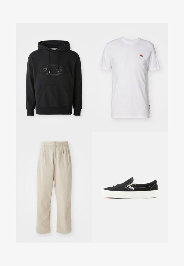 Sweatshirt à capuche noire en mélange de coton, avec un logo gaufré, des cordons de serrage réglables et une poche frontale. Cuffs et ourlet côtelés.; T-shirt blanc uni à manches courtes avec un petit logo en demi-cercle rouge et orange sur la partie supérieure gauche de la poitrine.; Pantalons beiges légers avec une coupe décontractée, plis rentrés à l'avant, fermeture à bouton et ourlets retroussés. Texture lisse, design minimal.; Baskets à enfiler Vans noires avec semelle en caoutchouc blanche, coutures blanches et accents élastiques sur les côtés, vues de l'extérieur.