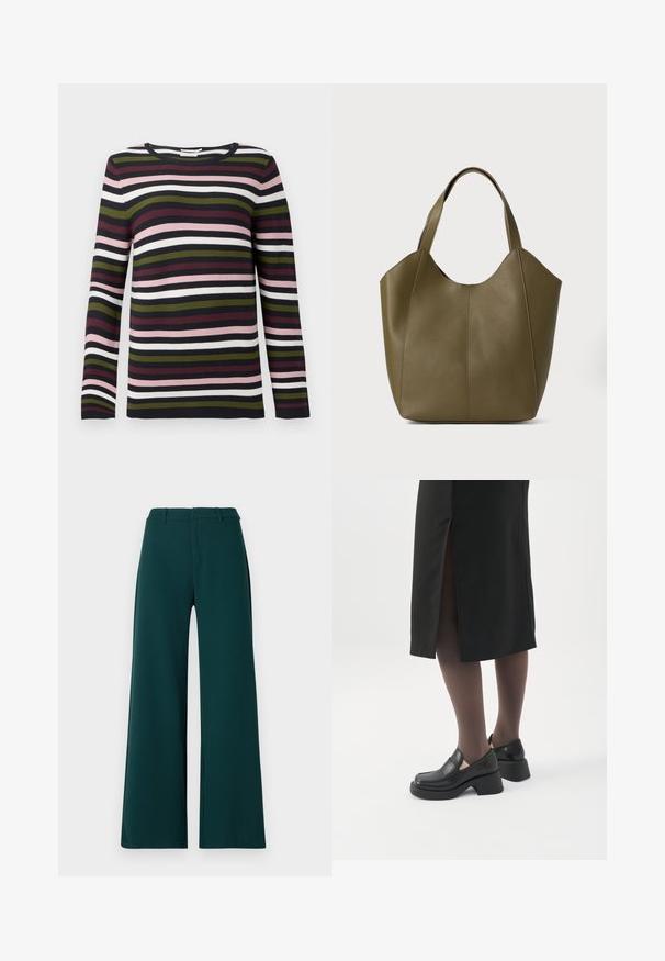 Stribet langærmet sweater i marineblå, burgundy, grøn, lyserød og hvid. Ribbet tekstur med rund halsudskæring og tætsiddende ærmer.; Bredde ben bukser i mørkegrønt stof. Har høj talje, frontfolder og bæltesløjfer. Glat tekstur og skræddersyet design.; Kvinde iført sorte loafers med chunky hæl, sorte tynde strømpebukser og en sort nederdel med slids bagpå på hvid baggrund.; Oliven grøn læder tote taske med dobbelte håndtag, glat tekstur og fire panel design. Forstærket syning langs sømmene for holdbarhed.