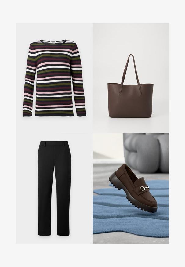 Pull à manches longues rayé en marine, bordeaux, vert, rose et blanc. Texture côtelée avec un col rond et des manches ajustées.; Pantalon noir avec une coupe droite, fabriqué dans un tissu lisse, doté d'une taille ajustée et de poches avant.; Mocassin marron foncé avec semelle épaisse rainurée et détail argenté reposant sur un tapis bleu texturé avec un mobilier gris rembourré en arrière-plan.; Sac en cuir marron au design texturé, muni de deux poignées sur les épaules et d'un intérieur spacieux sans poches extérieures.