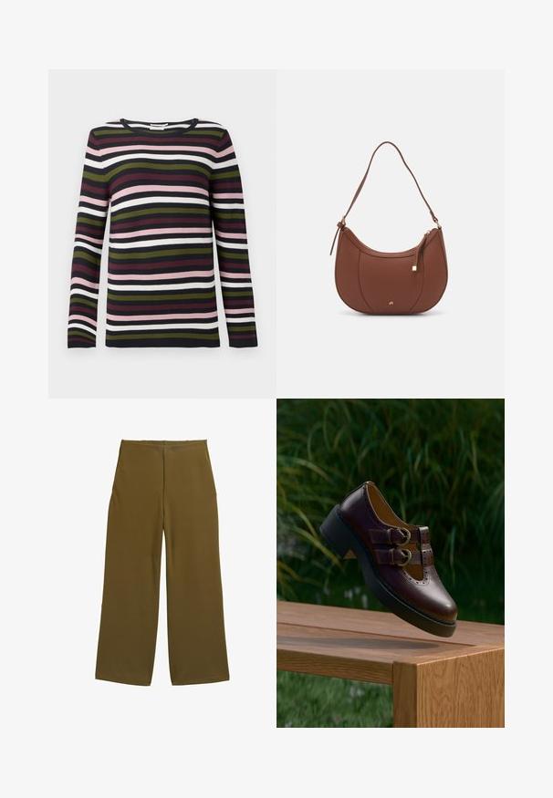 Stribet langærmet sweater i marineblå, burgundy, grøn, lyserød og hvid. Ribbet tekstur med rund halsudskæring og tætsiddende ærmer.; Bredde benbukser i olivengrønt stof, med en glat tekstur og ingen synlige lukninger. Designet til en afslappet pasform med rene linjer.; Mørkebrune lædersko med dobbelt rem, perforerede detaljer og tyk sort sål, hængende over et træbord udendørs.; Brun faux læder skuldertaske med buet form, minimal syning og en guldtonet hardwaredetalje. Har en top lynlåslukning og justerbar rem.