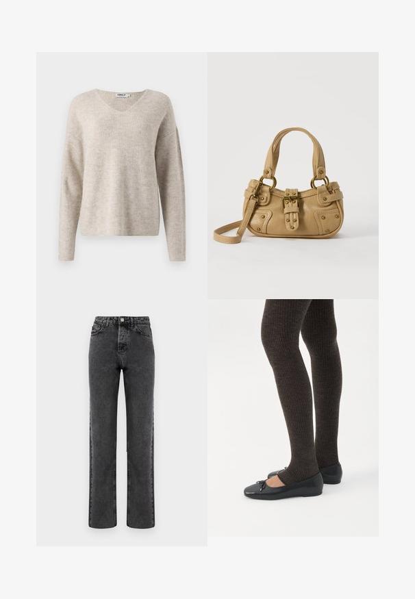 Suéter de punto beige con escote en V, mangas largas y corte relajado. Presenta un patrón acanalado texturizado. Etiqueta de la marca visible en el interior del escote.; Jeans gris de mezclilla de pierna recta con un acabado descolorido, diseño de cinco bolsillos y cierre con botón. Presenta costuras clásicas a lo largo de las costuras.; Piernas con leggings oscuros acanalados combinados con bailarinas negras que presentan pequeños detalles de lazo sobre un fondo blanco.; Bolso de cuero beige con doble asa, hebilla y remaches de latón, y una correa de hombro ajustable sobre un fondo blanco.