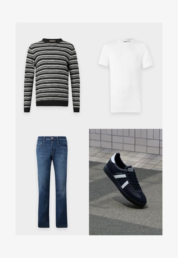Schwarz-weißer gestreifter Pullover mit rundem Halsausschnitt und langen Ärmeln. Verfügt über ein strukturiertes Muster und gerippte Bündchen sowie einen gerippten Saum.; Ein schlichtes weißes T-Shirt mit kurzen Ärmeln und Rundhalsausschnitt, mit einem kleinen Markenetikett im Krageninneren, auf weißem Hintergrund dargestellt.; Blaue Denim-Jeans mit geradem Schnitt, ausgestattet mit Fronttaschen, einem Reißverschluss und einem Knopfverschluss. Mittlere Waschung mit subtilen Ausbleichungen.; Schwarze Leder-Sneaker mit weißen Streifen, strukturiertem Gummisohle und Schnürung. Verfügt über ein Markenetikett auf der Zunge.