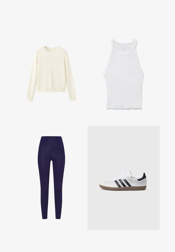 Jersey de cuello redondo y manga larga color crema, con puños y bajo acanalados, presentado sobre fondo blanco.; Camiseta de tirantes blanca con canalé, cuello alto y silueta ajustada, colocada plana sobre un fondo blanco.; Leggings azul marino con una cintura alta, hechos de un material liso y elástico. El diseño presenta una forma ajustada sin patrones.; Zapatilla blanca de malla con rayas negras, puntera y detalle en el talón de ante beige, suela de goma texturizada y cordones blancos. Diseño clásico de corte bajo.